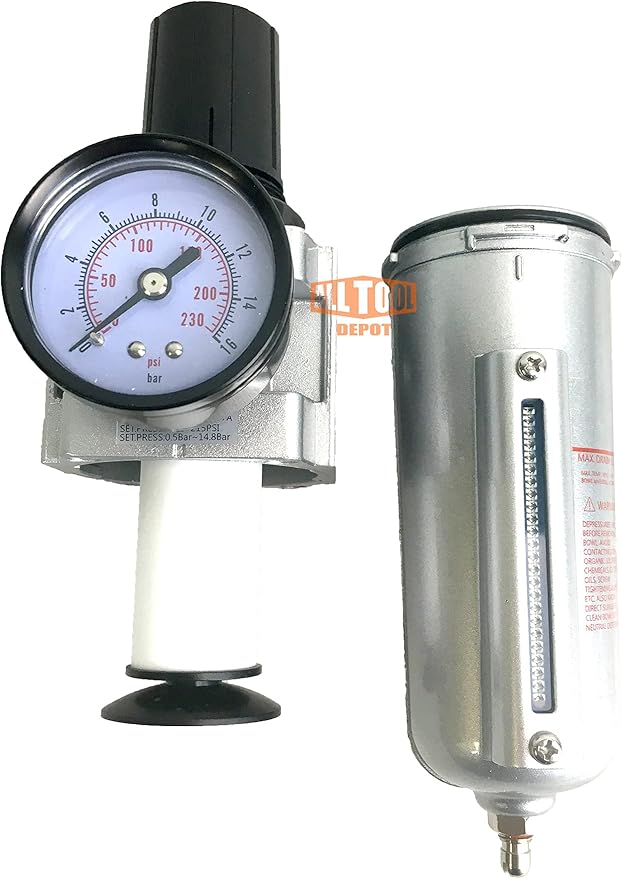 1/2" NPT HEAVY DUTY Compressed Air In Line Filter Regulator Combo Piggyback, Metal Bowl, 5 Micron Element, Adjustable From 7 to 215 PSI (MANUAL DRAIN)