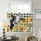 Retro Sunflowers Kitchen Curtains 45 Inch Length, Short Cafe Window Curtains Tab Top, Farmhouse Floral Cow Butterfly Black Plaid Light Filtering Window Treatments Tier Drapes 27.5"x45" 2 Panel