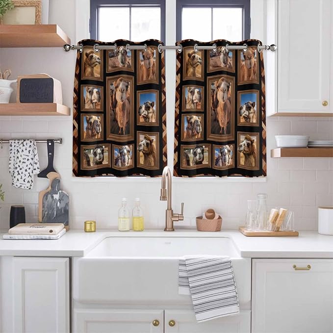 2 Panel Kitchen Cafe Curtains, Desert Camels Sunlight Filtering Nature Air Through, Home Decor Window Covering Tier Curtains for Living Room 104W x 52L inch Brown Wildlife Farmhouse Animals Rustic