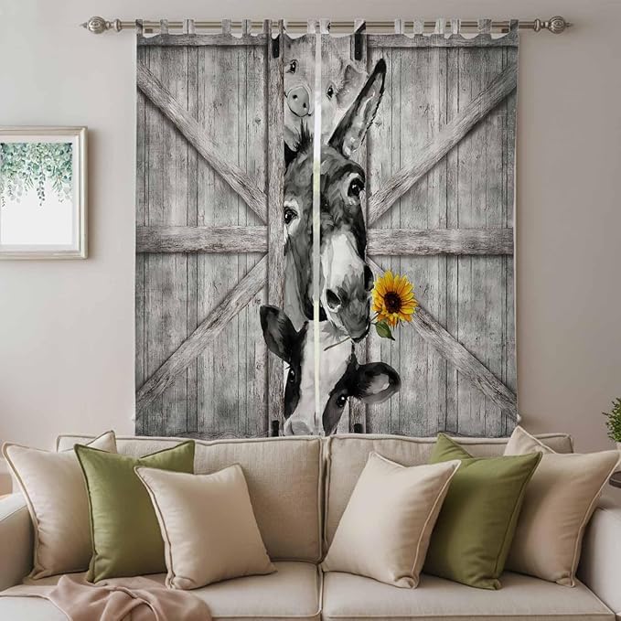 Funny Farm Animals Living Room Curtains 96 Inch Length, Window Curtains Tab Top, Vintage Barn Grey Sunflowers Light Filtering Window Treatments Drapes 52"x96" 2 Panel