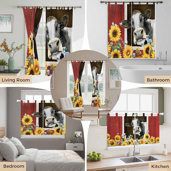 Cows Sunflowers Bedroom Curtains 72 Inch Length, Window Curtains Tab Top, Rustic Farms Barns Flowers Bees Animals Light Filtering Window Treatments Drapes 52"x72" 2 Panel