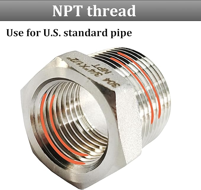 2 Pcs 304 Stainless Steel Reducer Hex Bushing, 3/8" Male NPT to 1/4" Female NPT（ 3/8"MNPT - 1/4"FNPT） Pipe Fitting Hex Bushing, Heavy Duty Pipe Fitting Reducer Adapter (3/8" - 1/4")