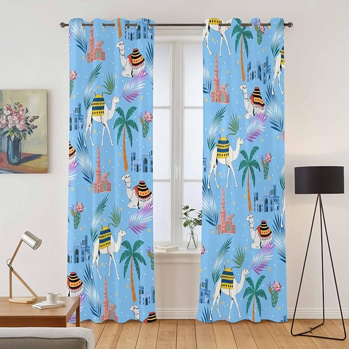 2 Panel Kitchen Cafe Curtains, Desert Landscape Sunlight Filtering Nature Air Through, Home Decor Window Covering Tier Curtains for Living Room 80W x 84L inch Cute Camels Palm Trees Houses Leaves Blue