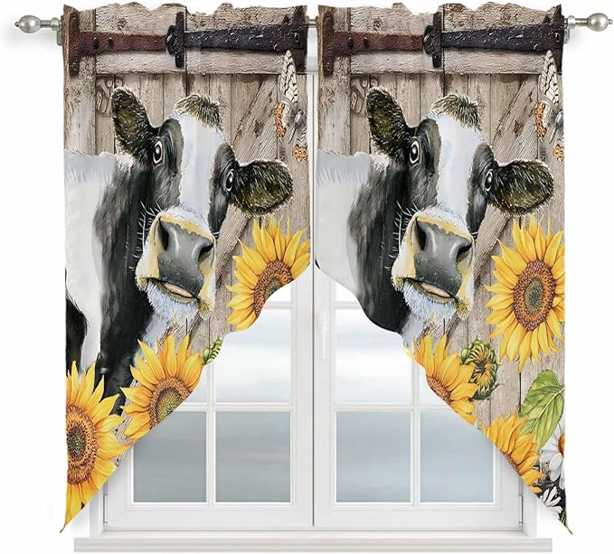 Retro Farmhouse Flower Swag Valances for Windows, Yellow Sunflowers Cow Barn Doors Brown Rod Pocket Kitchen Curtains Valance, Kitchen Window Curtains Swag for Cafe Living Room, 2 Panels, 36x45 inch