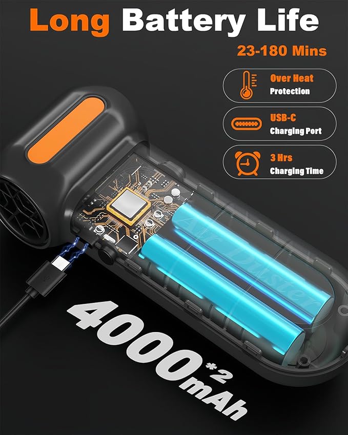 Super Powerful Compressed Air Duster, Rechargeable Duster Blower with LED Light & 4-Gear Adjustable 150KRPM Brushless Motor, Cordless Mini Blowe for Car, Home, Office, Camping (Black)