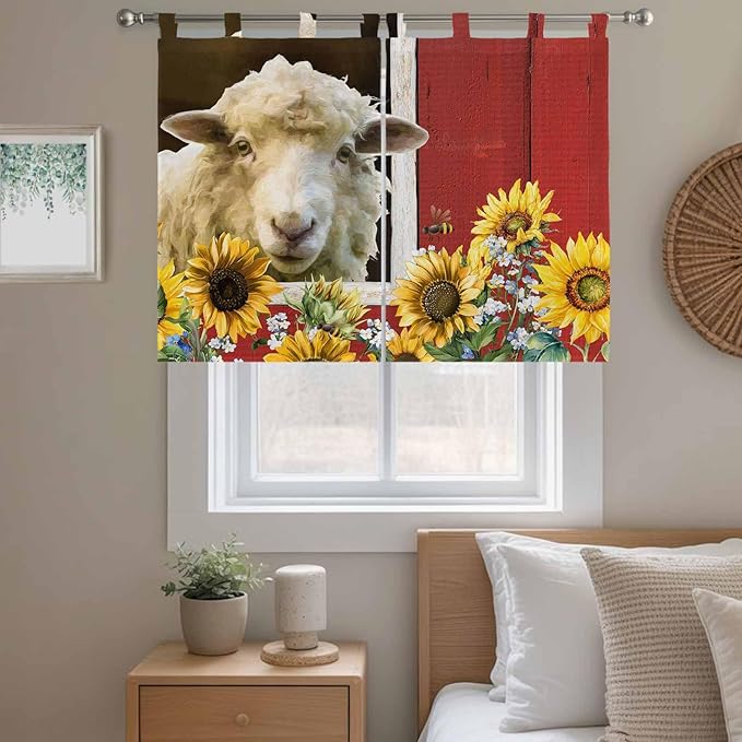 Sheep Flowers Bedroom Curtains 63 Inch Length, Window Curtains Tab Top, Country Red Barn Botanical Sunflowers Light Filtering Window Treatments Drapes 42"x63" 2 Panel