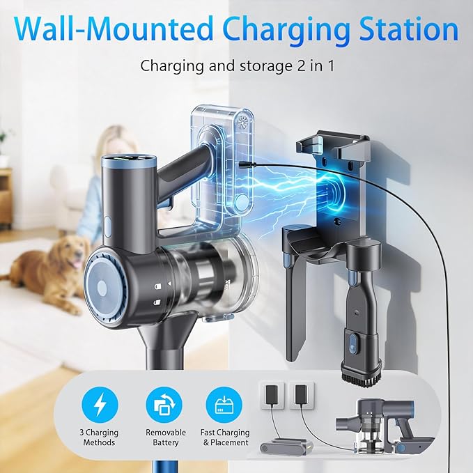BlueEpic Cordless Vacuum Cleaner, Rechargeable with 2200mAh Detachable Battery, Powerful Stick Vacuum with 2 Adjustable Modes, Lightweight Handheld Vacuum for Pet Hair/Carpet/Floor