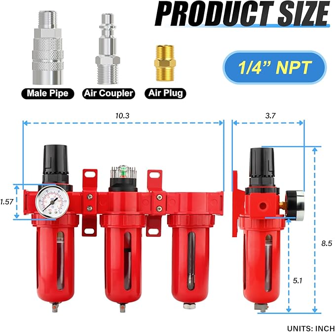 3 Stage Aluminium Air Drying System 1/4" NPT,Coalescing Filter, Particulate Filter, Desiccant Dryer and Air Regulator, Manual Drain, Mid Flow, For Plasma Cutter and Paint Spray