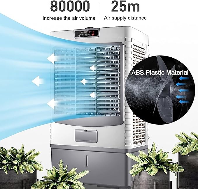 Portable Evaporative Air Cooler with 4 Wheels, Large Water Tank, Wide Oscillation, Multiple Speeds for Large Room Cooling