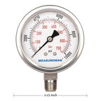 MEASUREMAN 2-1/2" dial,Glycerin Filled Hydraulics Pressure Gauge Stainless Steel case, 316 SS Wetted Part, 0-10000psi/bar1/4 NPT,Lower Mount