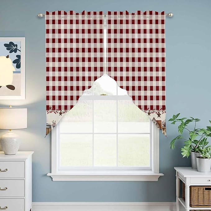 Swag Curtain Valances for Kitchen Windows,Farm Barn Western Star on Vintage Short Rod Pocket Window Valance,Red Buffalo Plaid Swag Topper for Bedroom Living Room,2 Panels 36x63in