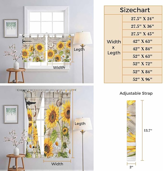 Farm Flowers Living Room Curtains 84 Inch Length, Window Curtains Tab Top, Retro Sunflowers Barn Doors Butterfly Wood Board Light Filtering Window Treatments Drapes 42"x84" 2 Panel