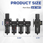 NEWPO 3/8" NPT 4 Stage Air Drying System,Particulate Filter, Coalescing Filter,Double Desiccant Dryers & Air Regulator,Semi-Auto Drain (Black)