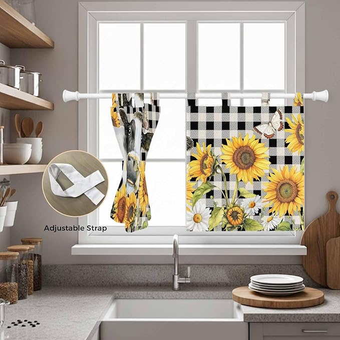 Retro Sunflowers Kitchen Curtains 36 Inch Length, Small Window Curtains Tab Top, Farmhouse Floral Cow Butterfly Black Plaid Light Filtering Short Window Treatments Tier Drapes 27.5"x36" 2 Panel