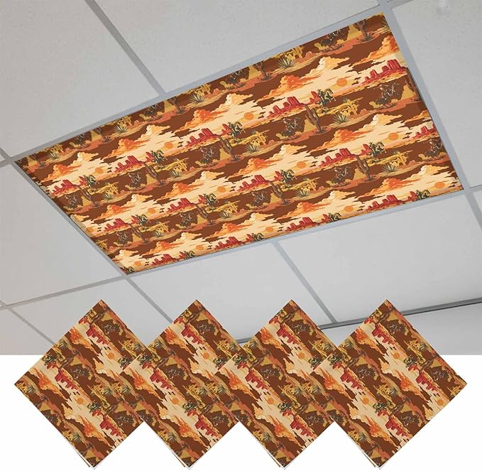 Tropical Plant Cactus Fluorescent Light Covers 4 Pack Western Cowboy Horse Sunset Deserts Brown Magnetic Fluorescent Ceiling Lights Filters for Office Classroom Home Drop Ceiling 4x2 Feet
