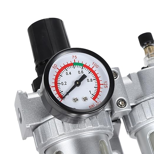 Air Filter Pressure Regulator 1/4 Inch, Compressed Air Line Filter with Dial Gauge, Aluminum Alloy and PC Oil Water Separator for Pneumatic Tools and Air Compressors