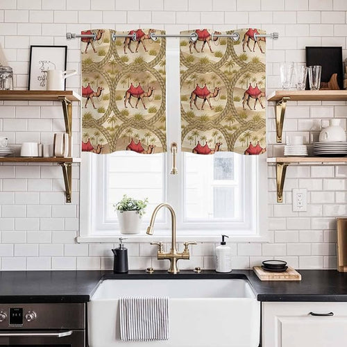 2 Panel Kitchen Cafe Curtains, Desert Camels Sunlight Filtering Nature Air Through, Home Decor Window Covering Tier Curtains for Living Room 55W x 39L inch Tropical Palm Trees Sand Cords Brown