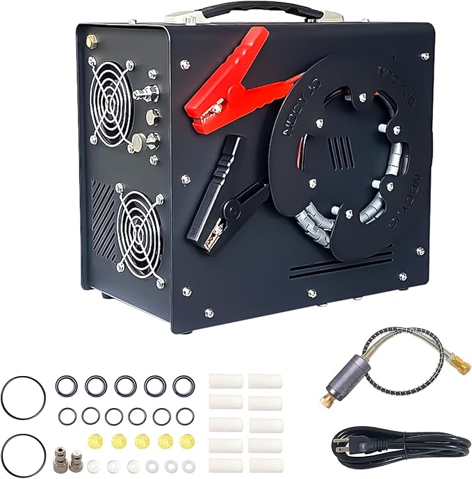 Pcp Air Compressor,Built-in Converter/Water-Oil Filter,Auto Stop,Oil/Water Free,Unique Vertical+Wire Spool Portable Design,Powered by Car 12V DC or Home 110V AC for Paintball/Scuba Tank