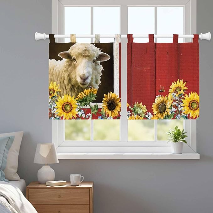 Sheep Flowers Kitchen Curtains 36 Inch Length, Small Window Curtains Tab Top, Country Red Barn Botanical Sunflowers Light Filtering Short Window Treatments Tier Drapes 27.5"x36" 2 Panel