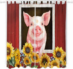 Pigs Sunflowers Living Room Curtains 84 Inch Length, Window Curtains Tab Top, Farmhouse Red Barn Flowers Animals Light Filtering Window Treatments Drapes 52"x84" 2 Panel