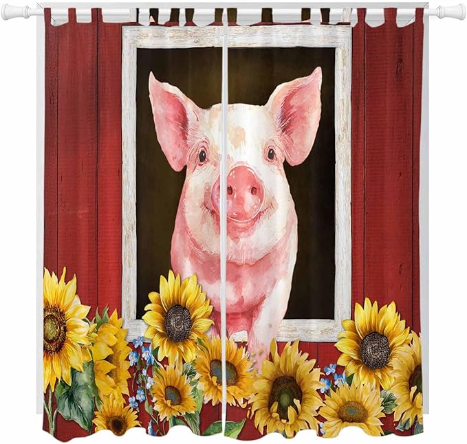 Pigs Sunflowers Living Room Curtains 84 Inch Length, Window Curtains Tab Top, Farmhouse Red Barn Flowers Animals Light Filtering Window Treatments Drapes 52"x84" 2 Panel