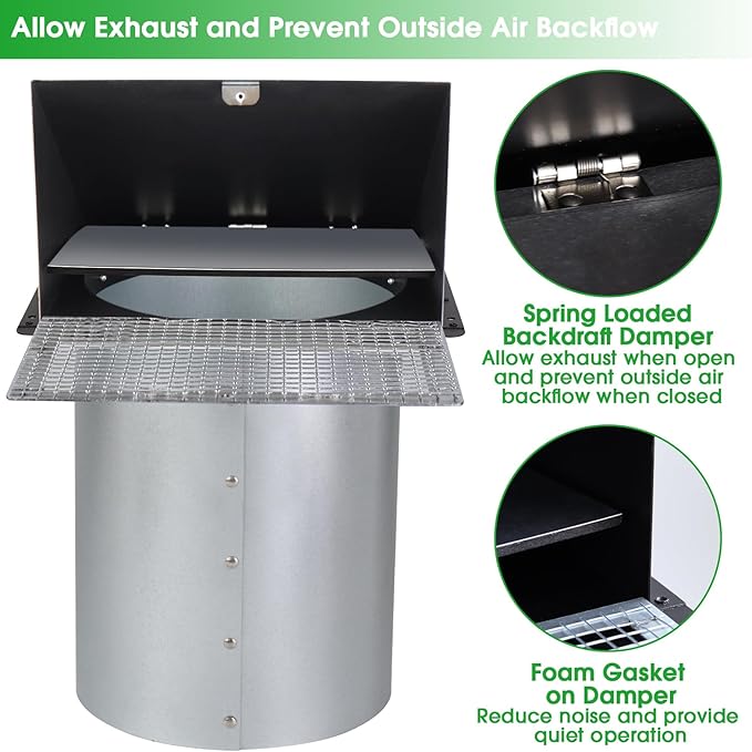 12 Inch Wall Vent Hood Exhaust Vent Cap Dryer Vent Cover,Exterior Hooded Wall Vent with Screen and Damper for HVAC Duct Dryer AC Industrial Facilities Ventilation Outdoor Air Exhaust,Galvanized Steel