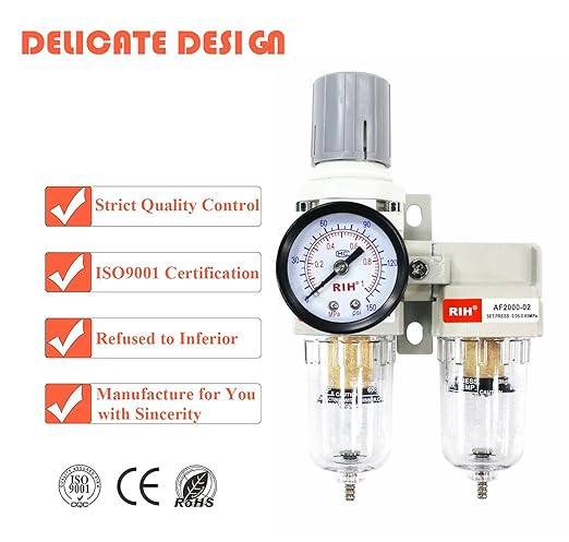 RIH Air Dryer System -1/4" NPT Double Air Filters-5 Micron Particulate Filter& Air Pressure Regulator - Gauge(0-150 psi), Semi-Auto Drain, Poly Bowl,Bracket - 3 in 1 Two Unit (1/4" NPT)