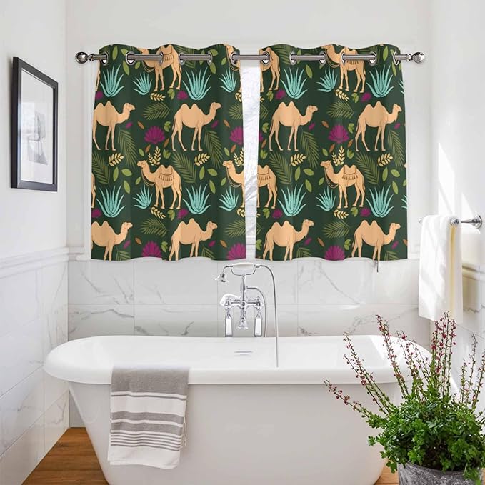 2 Panel Kitchen Cafe Curtains, Retro Desert Camel Sunlight Filtering Nature Air Through, Window Decor Tier Curtains for Living Room 104W x 52L inch Tropical Animal Aloe Vera Leaves Dark Green