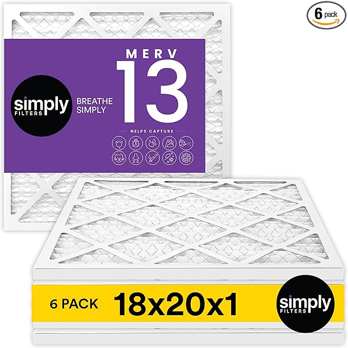 Simply 18x20x1 Air Filter, Merv 13, 6 Pack, For Home AC Furnace & HVAC (Actual Size: 17.75"x19.75"x0.75") DUST, Pet, & Allergy Control