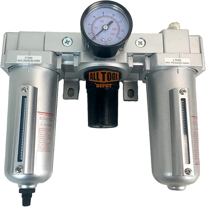 1/2" NPT HEAVY DUTY Compressed Air In Line Filter Regulator Lubricator Oiler Combo, Metal Bowl, 5 Micron Element, Adjustable From 7 to 175 PSI (AUTO DRAIN)
