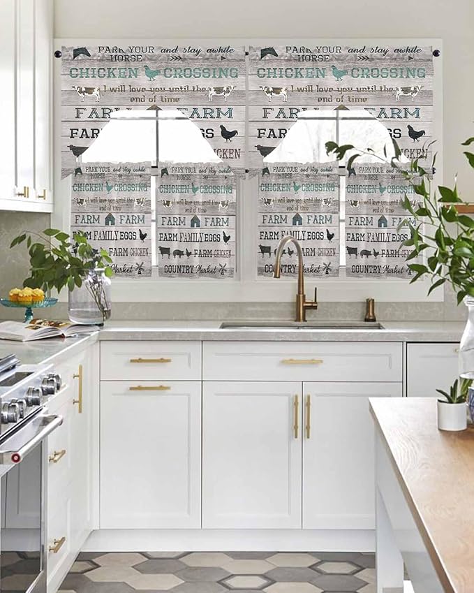 Farmhouse Swag Kitchen Curtains Valance and Tier Set, Green Black Barn Cow Pig Chicken Brown Wood Grain Light-Filtering Swag Valance 36 Inch Length, Rod Pocket Short Curtain for Bedroom Cafe