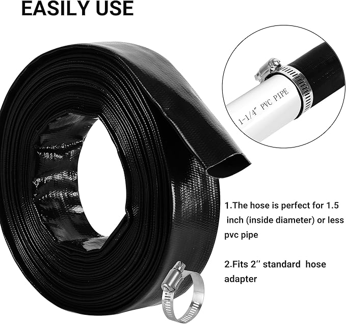 1-1/4" x 100 FT Pool Backwash Hose, Black Heavy Duty Reinforced PVC Lay Flat Water Discharge Hose