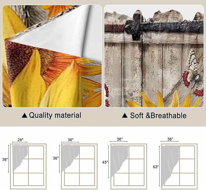 Sunflowers Swag Valances for Windows, Retro Flower Barn Doors Butterfly Farmhouse Brown Rod Pocket Kitchen Curtains Valance, Small Window Curtains Swag for Cafe Living Room, 2 Panels, 28x36 inch