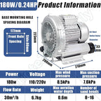 Vortex Ring Regenerative Blower,Single Phase High-Pressure Industrial Vacuum Pump,Electric Air Pump,for Industrial Applications,Construction Sites,Fish Pond Aeration 180W/0.24HP