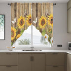 Farmhouse Sunflowers Swag Valances for Windows, Rustic Floral Buttterfly Wood Board Brown Rod Pocket Kitchen Curtains Valance, Small Window Curtains Swag for Cafe Living Room, 2 Panels, 28x36 inch
