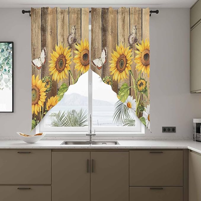 Farmhouse Sunflowers Swag Valances for Windows, Rustic Floral Buttterfly Wood Board Brown Rod Pocket Kitchen Curtains Valance, Small Window Curtains Swag for Cafe Living Room, 2 Panels, 28x36 inch