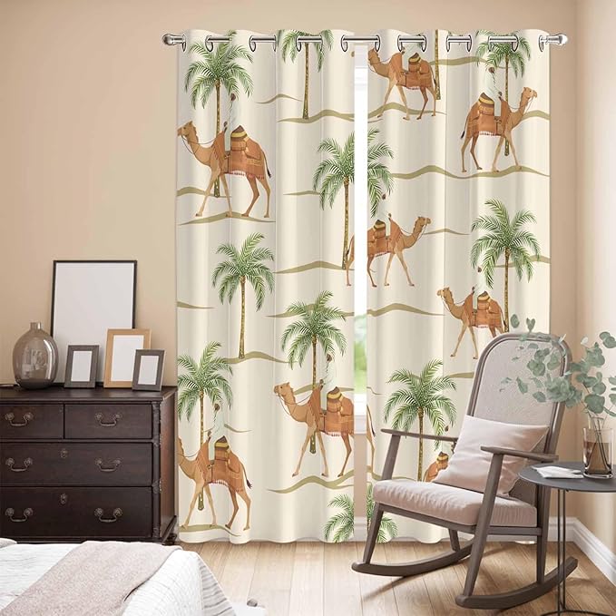 2 Panel Kitchen Cafe Curtains, Date Coconut Tree Sunlight Filtering Nature Air Through, Home Decor Window Covering Tier Curtains for Living Room 104W x 90L inch Desert Camels Botanical Tropical Beige
