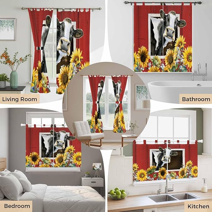 Cows Sunflowers Bedroom Curtains 72 Inch Length, Window Curtains Tab Top, Spring Botanical Floral Bees Red Barn Light Filtering Window Treatments Drapes 52"x72" 2 Panel