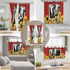 Cows Sunflowers Living Room Curtains 96 Inch Length, Window Curtains Tab Top, Spring Botanical Floral Bees Red Barn Light Filtering Window Treatments Drapes 52"x96" 2 Panel