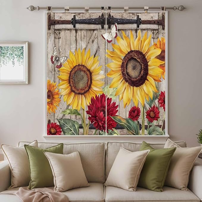 Sunflowers Bathroom Curtains 63 Inch Length, Window Curtains Tab Top, Retro Flower Barn Doors Butterfly Farmhouse Brown Light Filtering Window Treatments Drapes 52"x63" 2 Panel