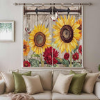 Sunflowers Living Room Curtains 84 Inch Length, Window Curtains Tab Top, Retro Flower Barn Doors Butterfly Farmhouse Brown Light Filtering Window Treatments Drapes 42"x84" 2 Panel