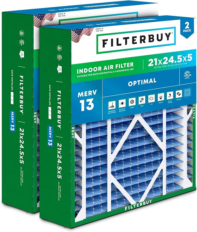 Filterbuy 21x24.5x5 Air Filter MERV 13 Optimal Smoke & Allergy Defense (2-Pack), Electrostatic Pleated HVAC AC Furnace Filters for Rheem, Ruud, and Protech (Actual Size: 20.63 x 24.13 x 4.38)