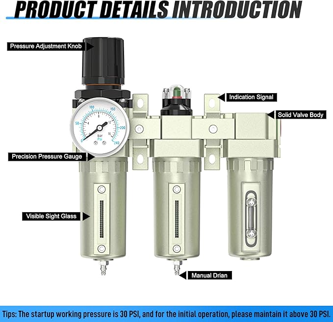 Heavy Duty Industrial Grade 3/4" NPT 3 Stage Air Drying System,Coalescing Filter, Particulate Filter, Desiccant Dryer and Air Regulator, Manual Drain, For Plasma Cutter and Paint Spray
