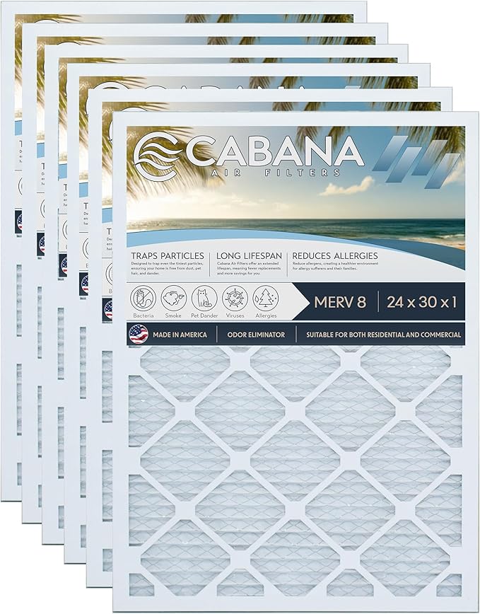 Cabana Filters 6-Pack 24x30x1 MERV 8 AC Furnace Air Filter for Home and Office - Indoor HVAC System Filtration Replacement, Captures Unwanted Particles