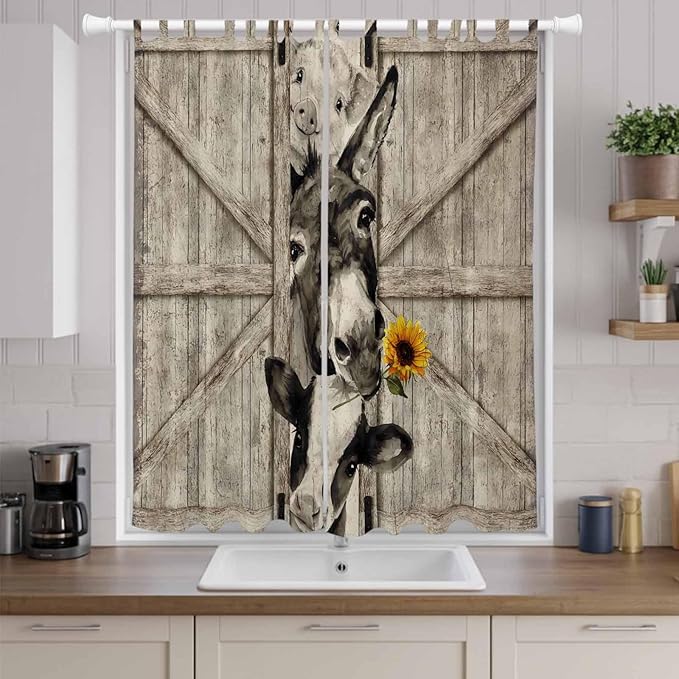 Funny Farm Animals Living Room Curtains 84 Inch Length, Window Curtains Tab Top, Vintage Barn Brown Sunflowers Light Filtering Window Treatments Drapes 52"x84" 2 Panel
