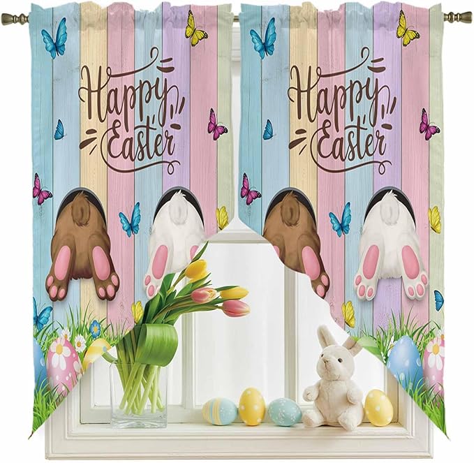 Swag Curtain Valances for Kitchen Windows,Happy Easter Rabbit Butt Egg on Daisy Leaf Short Rod Pocket Window Valance,Bufferfly on Wood Barn Swag Topper for Bedroom Living Room,2 Panels 36x63in