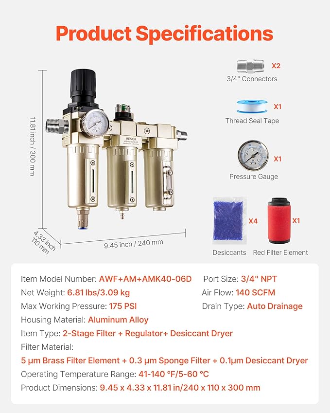 VEVOR Air Compressor Filter Regulator, 3/4" NPT 3-Stage 5μm & 0.3μm & 0.1μm Air Drying System with Micron Filters and Desiccant Dryer, Auto Drain Air Compressor Water Separator 175PSI Max Pressure
