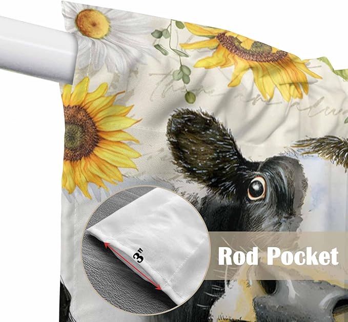 Yellow Sunflowers Swag Valances for Windows, Country Cow Flower Butterfly Farmhouse Cream Rod Pocket Kitchen Curtains Valance, Kitchen Window Curtains Swag for Cafe Living Room, 2 Panels, 36x45 inch