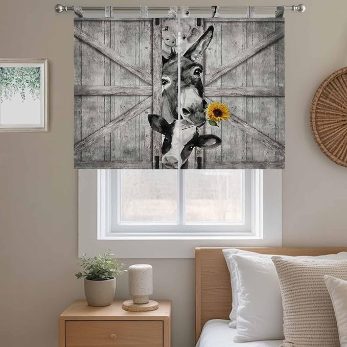 Funny Farm Animals Kitchen Curtains 45 Inch Length, Short Cafe Window Curtains Tab Top, Vintage Barn Grey Sunflowers Light Filtering Window Treatments Tier Drapes 27.5"x45" 2 Panel