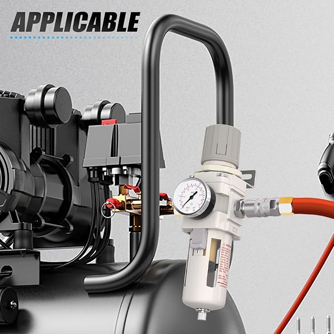 3/8" NPT Air Drying System, 5 Micron Air Line Filter with 150 PSI Gauge and Valve Shut Off Switch for Plasma Cutter and Paint Spray, Manual Drain